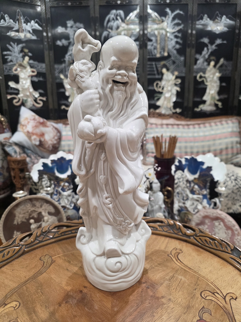 White Ceramic God of Longevity Statue - Elegant Home Art